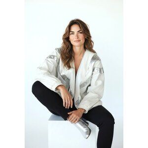 vtg white leather batwing open jacket with silver snake skin detail sz M/L